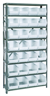 Quantum Heavy Duty Wire Shelving Unit with 8 Shelves and 28 Clear Bins, 12 x 36 x 75 Inches