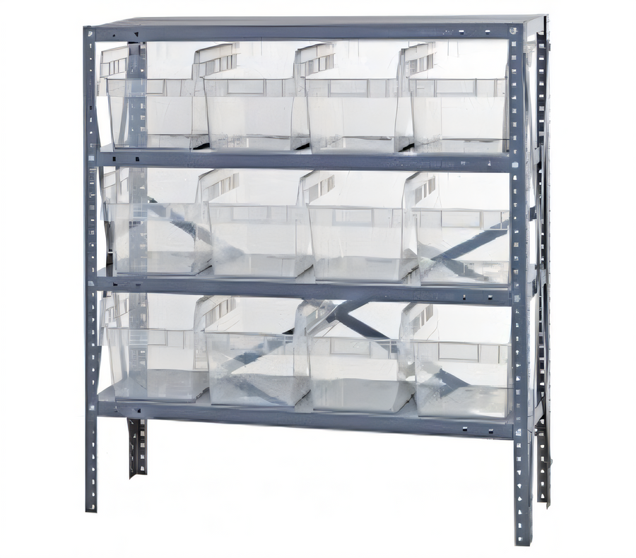 Product image #1 for Quantum Heavy-Duty Stationary Wire Shelving Unit with 4 Shelves, 12 Clear Bins, 36 x 12 x 39 Inches