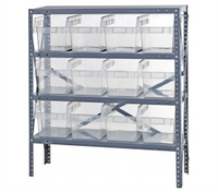 Quantum Heavy-Duty Stationary Wire Shelving Unit with 4 Shelves, 12 Clear Bins, 36 x 12 x 39 Inches