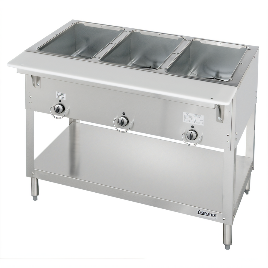 Product image #1 for Aerohot E303 Electric 3-Well Hot Food Station with Stainless Steel Open Shelf Base and Carving Board