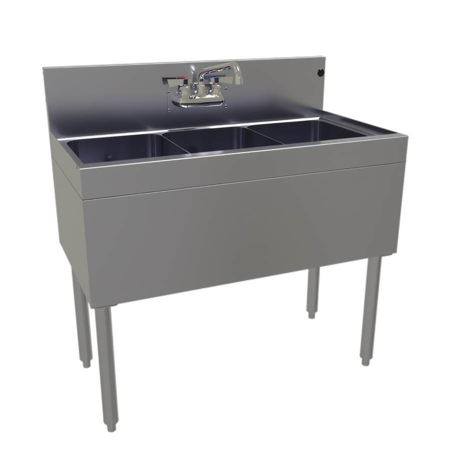 Product image #1 for Glastender Three Compartment Stainless Steel Underbar Sink Unit, 36 Inch W x 19 Inch D, With Splash-Mount Faucet