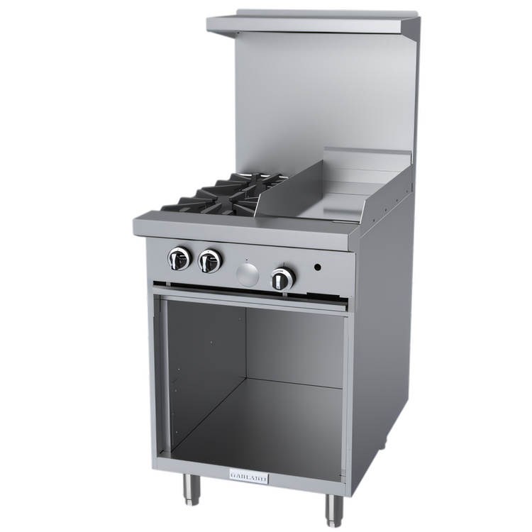 Product image #1 for Garland G Starfire Pro 24-Inch Gas Restaurant Range with 2 Open Burners, 12-Inch Griddle, and Open Storage Base