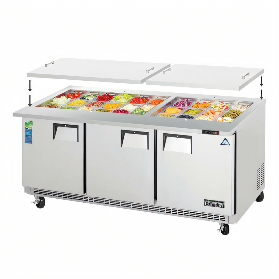 Product image #1 for Everest Refrigeration 71-1/8 Inch Mega-Top Three-Section Open Top Prep Table with Rear-Mounted Self-Contained Refrigeration