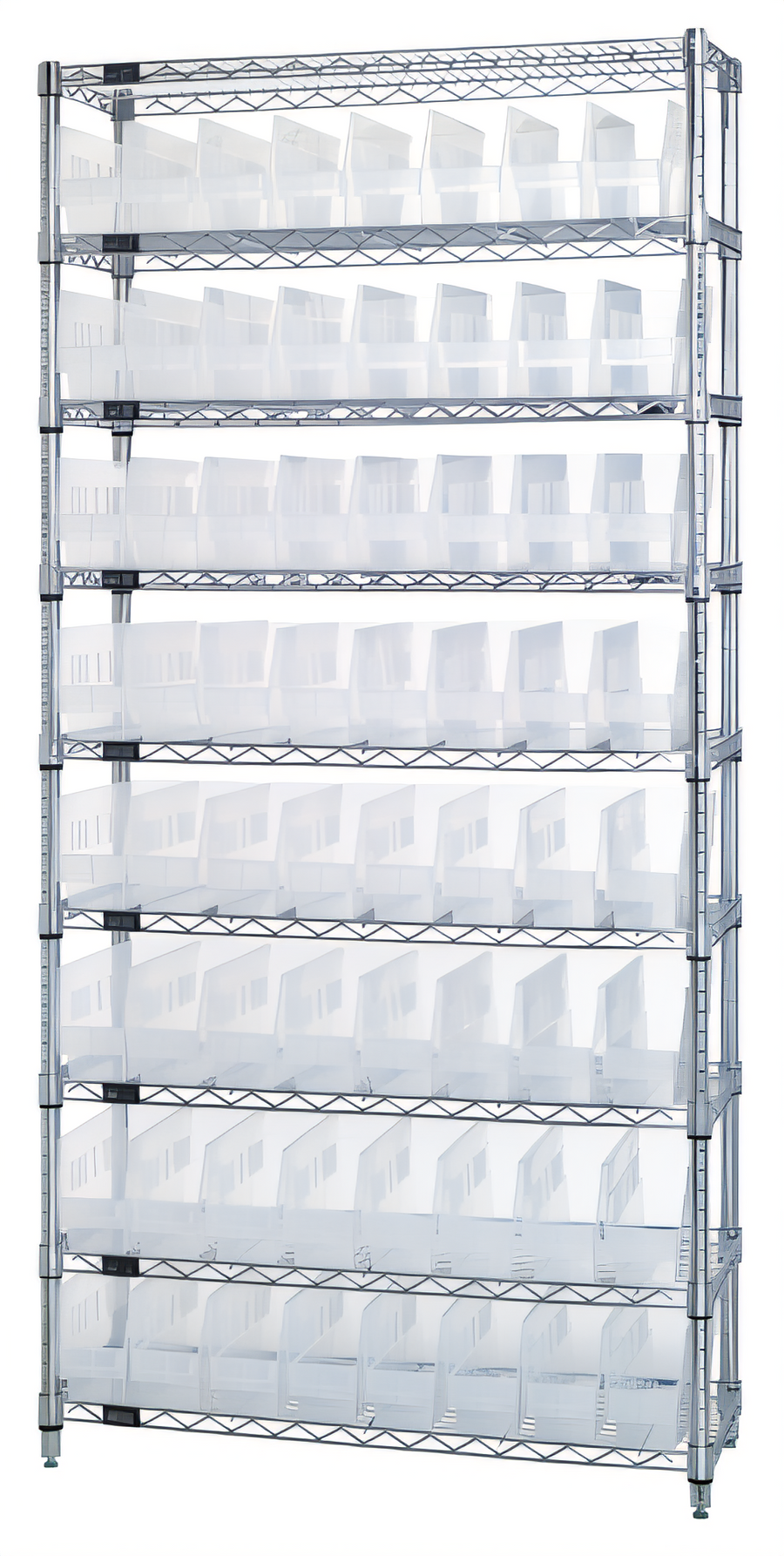 Product image #1 for Quantum Chrome-Plated Stationary Bin Wire Shelving System with 9 Shelves and 64 Clear Bins, 36W x 12D x 74H