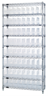Quantum Chrome-Plated Stationary Bin Wire Shelving System with 9 Shelves and 64 Clear Bins, 36W x 12D x 74H