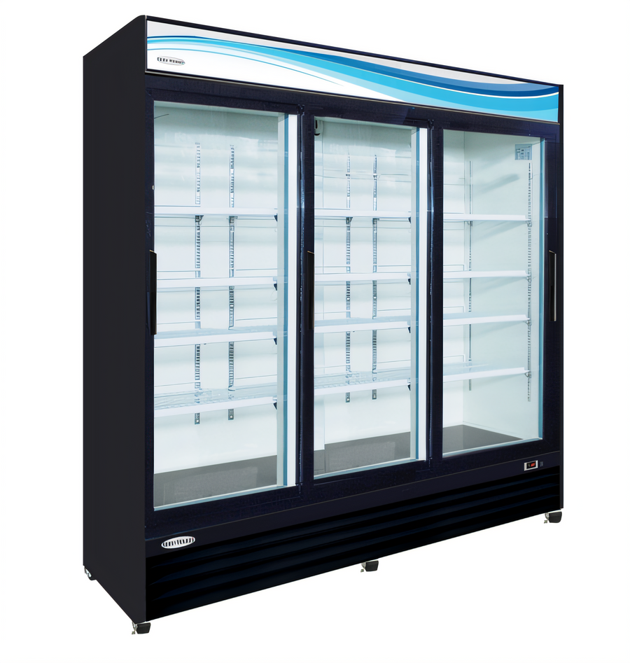 Product image #1 for Serv-Ware 3-Door 72 Cu. Ft. Black Glass Door Merchandiser Refrigerator