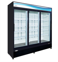 Serv-Ware 3-Door 72 Cu. Ft. Black Glass Door Merchandiser Refrigerator