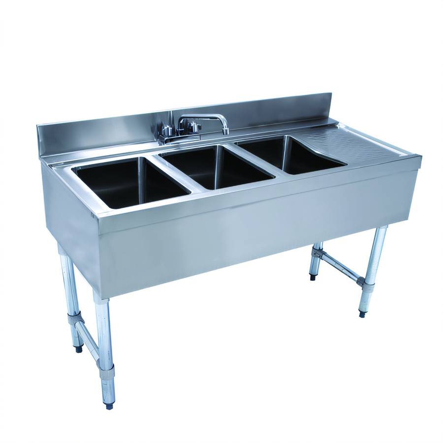 Product image #1 for Advance Tabco Underbar Basics 3-Compartment Bar Sink Unit with Right Drainboard and Deck-Mount Faucet, 48 x 21 x 33 Inches
