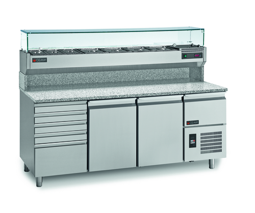 Product image #1 for Rosito Bisani PC215 85-Inch Refrigerated Pizza Prep Table with Granite Worktop and Upper Toppings Rail