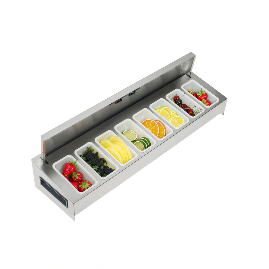 Product image #1 for Krowne Royal Series 9-Compartment Stainless Steel Garnish Station with Sliding Cover for 36-Inch Ice Bin