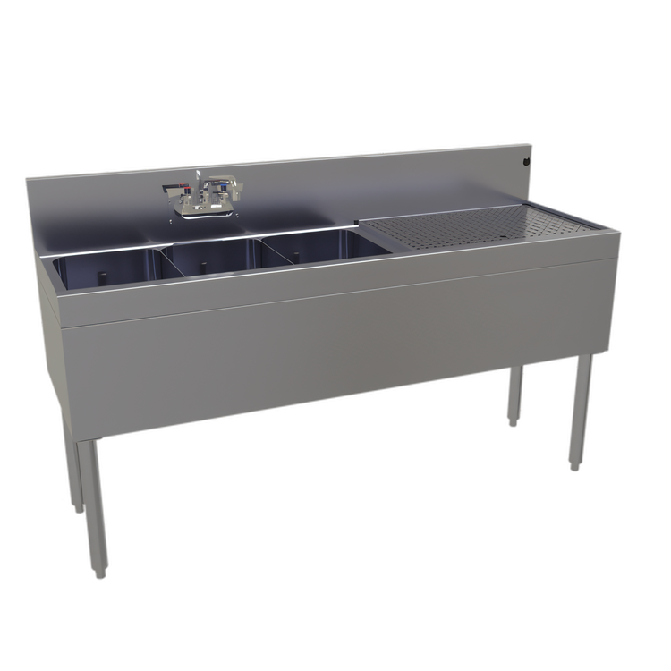 Product image #1 for Glastender Three-Compartment Underbar Sink Unit with Right Drainboard, 60 x 19 Inches, Stainless Steel
