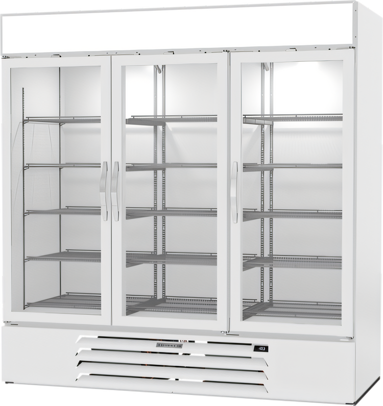 Product image #1 for Beverage-Air MarketMax 75-Inch Three-Section Triple-Pane Glass Door Reach-In Freezer Merchandiser, White, Bottom-Mount, 68.43 Cu. Ft.