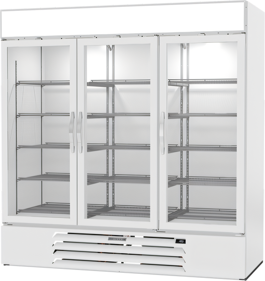 Product image #1 for Beverage-Air MarketMax 75-Inch Three-Section Triple-Pane Glass Door Reach-In Freezer Merchandiser, White, Bottom-Mount, 68.43 Cu. Ft.