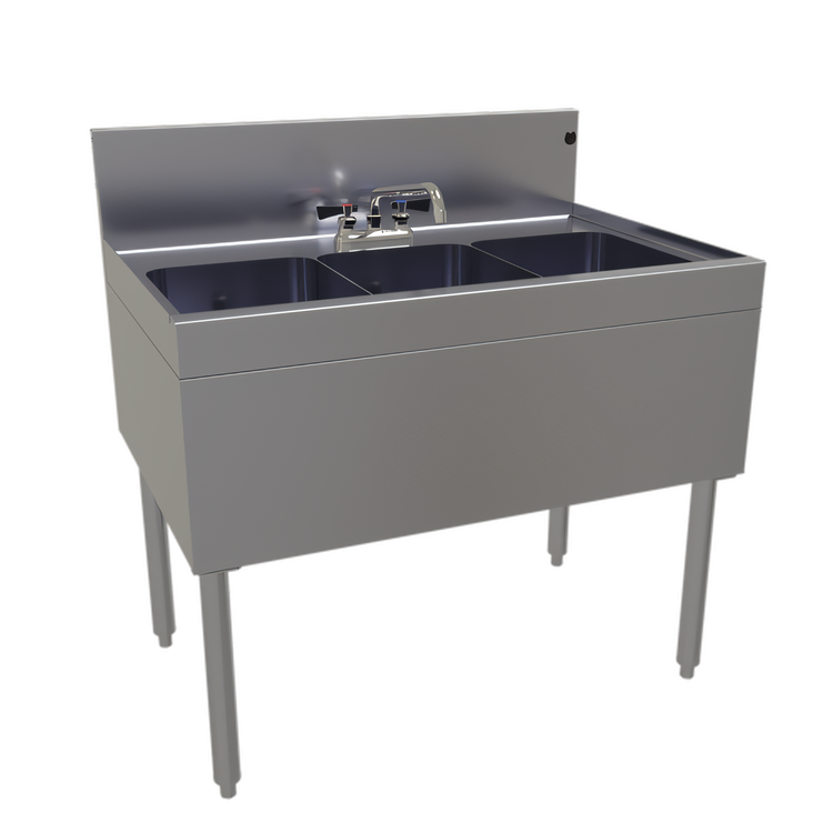Product image #1 for Glastender Three-Compartment Underbar Sink Unit with Deck-Mount Faucet, 36"W x 24"D, Stainless Steel