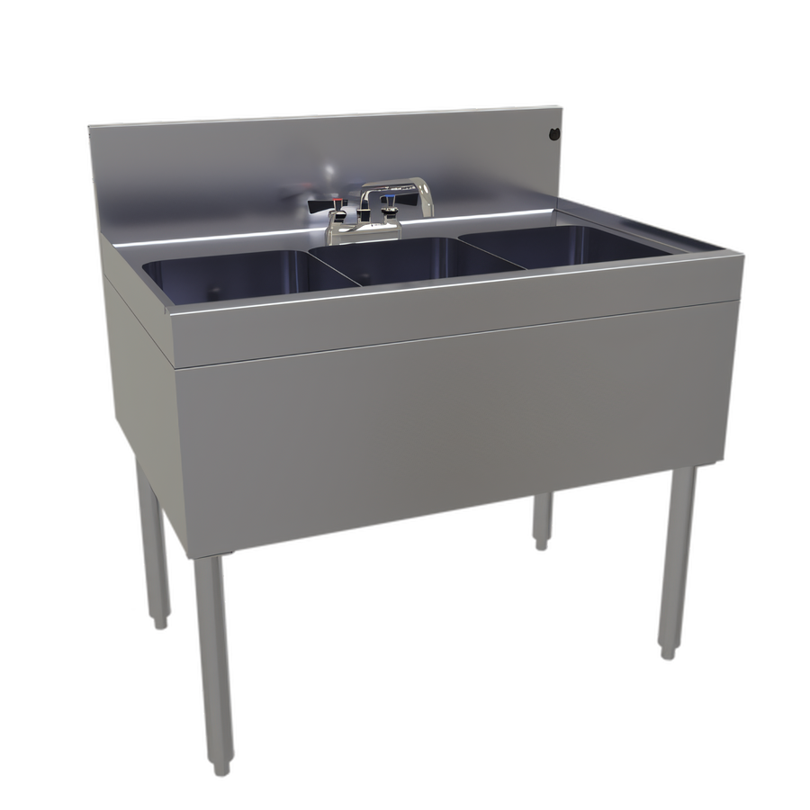 Product image #1 for Glastender Three-Compartment Underbar Sink Unit with Deck-Mount Faucet, 36"W x 24"D, Stainless Steel