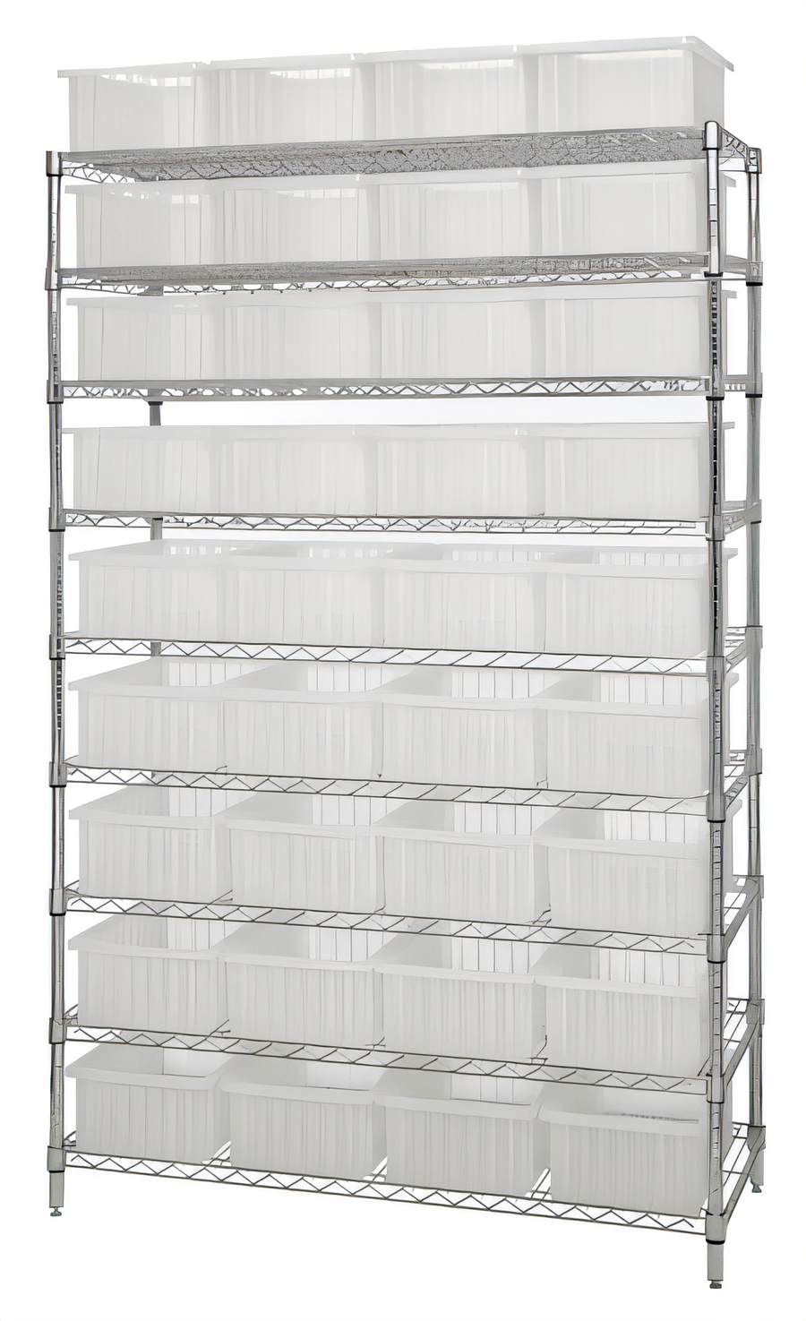 Product image #1 for Quantum 48"W x 18"D x 74"H Stationary Bin Wire Shelving System with 9 Shelves and 36 Clear Containers, Chrome Plated