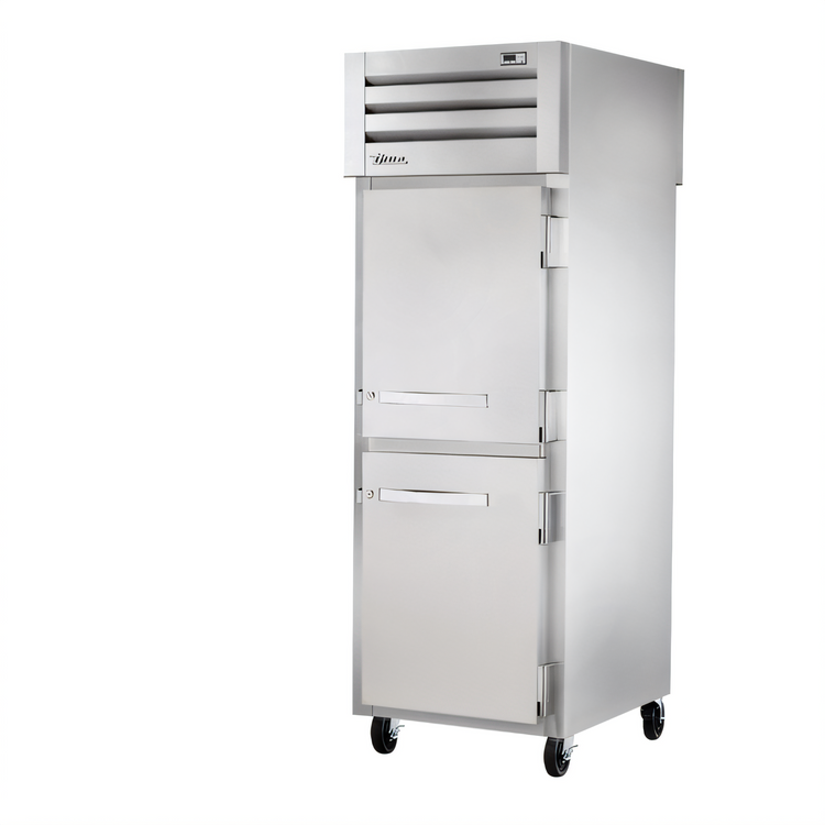 Product image #1 for Pass-Thru One-Section Reach-In Refrigerator with Half Front and Rear Swing Doors, Stainless Steel, Self-Contained Top Mount