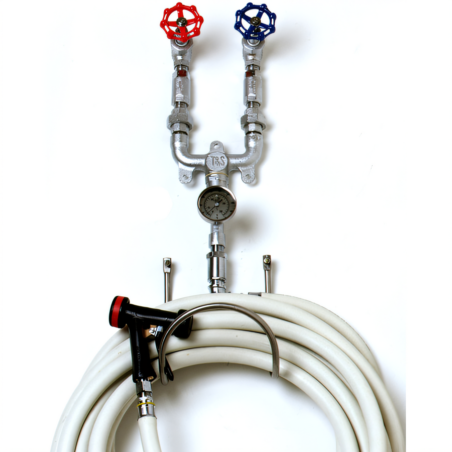 Product image #1 for Wall-Mount Chrome-Plated Washdown Station with 3/4" Mixing Valve, 50 Ft Hose and Stainless Steel Water Gun