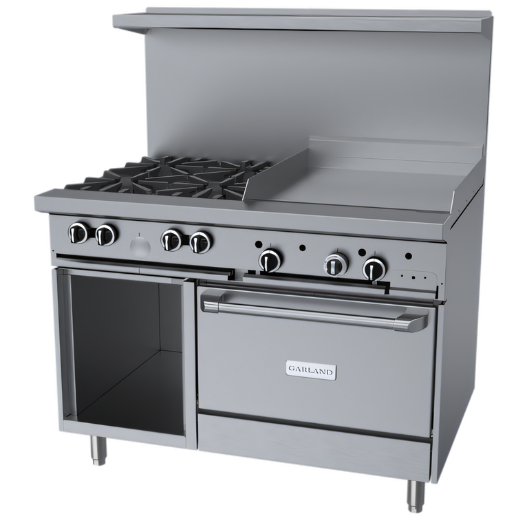 Product image #1 for Garland G Starfire Pro 48-Inch Gas Restaurant Range with 4 Open Burners, 24-Inch Griddle and Single Oven