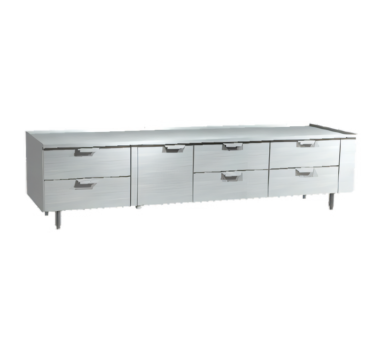 Product image #1 for La Rosa Self-Contained Reach-In Four-Section Freezer Base Equipment Stand with 1 Door and 6 Drawers, 104 Inch Stainless Steel