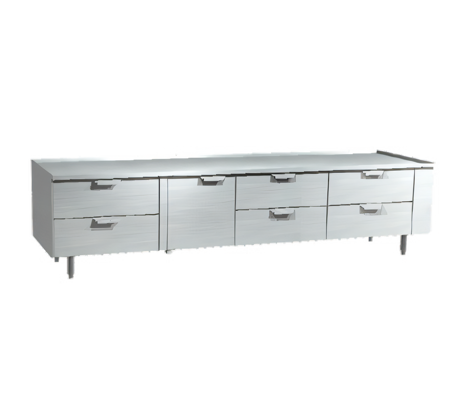 Product image #1 for La Rosa Self-Contained Reach-In Four-Section Freezer Base Equipment Stand with 1 Door and 6 Drawers, 104 Inch Stainless Steel