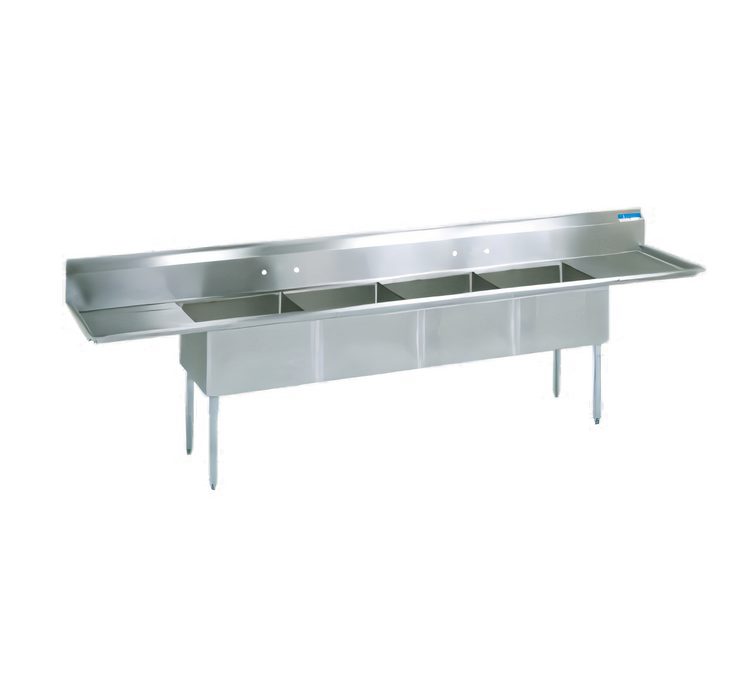 Product image #1 for BK Resources Four Compartment Sink with Left and Right Drainboards, 100"W x 25-3/16"D, 18-Gauge 304 Stainless Steel