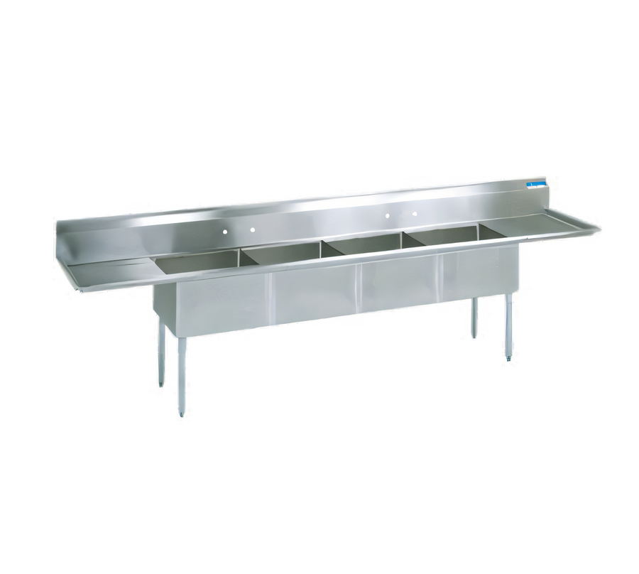 Product image #1 for BK Resources Four Compartment Sink with Left and Right Drainboards, 100"W x 25-3/16"D, 18-Gauge 304 Stainless Steel