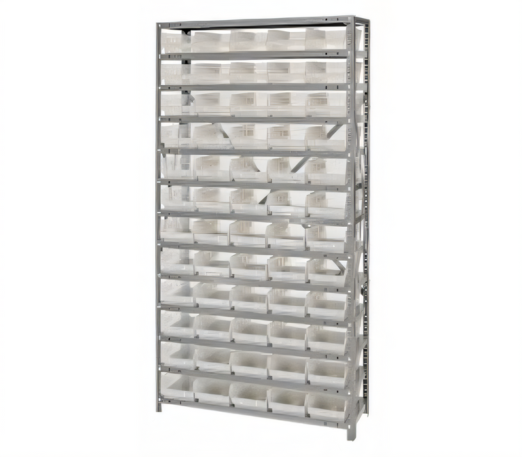 Product image #1 for Quantum Heavy Duty Stationary Wire Shelving Unit with 13 Shelves and 60 Clear Bins, 36" W x 12" D x 75" H