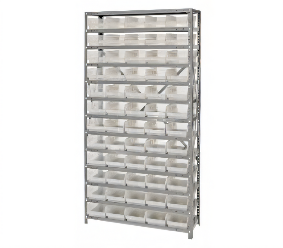 Product image #1 for Quantum Heavy Duty Stationary Wire Shelving Unit with 13 Shelves and 60 Clear Bins, 36" W x 12" D x 75" H