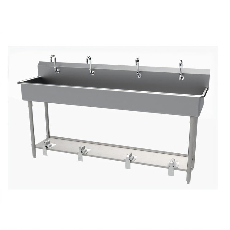 Product image #1 for Advance Tabco FS-FM-80FV 4-Station Freestanding Toe-Push Hand Wash Sink, 80 Inch Wide, 14-Gauge 304 Stainless Steel