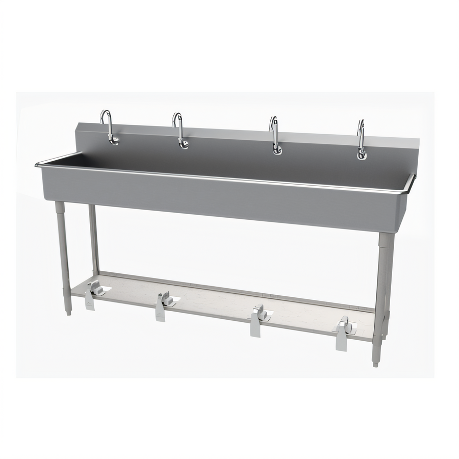 Product image #1 for Advance Tabco FS-FM-80FV 4-Station Freestanding Toe-Push Hand Wash Sink, 80 Inch Wide, 14-Gauge 304 Stainless Steel