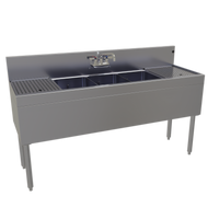 Glastender Three-Compartment Underbar Sink Unit with Dual Drainboards, 60 Inch W x 19 Inch D