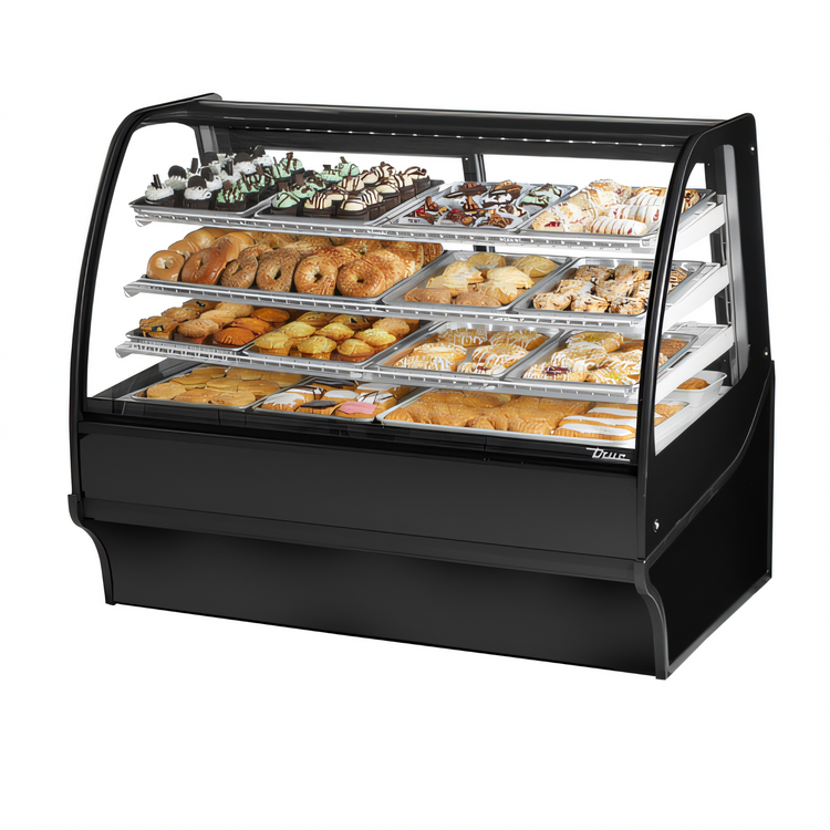 Product image #2 for True Specialty Display Dry Full-Service Pastry Display Case, 59-1/4 Inch, Curved Glass Front, Stainless Steel, 3-Tier Shelves