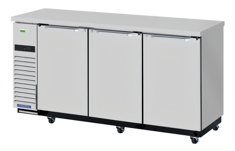 Product image #1 for Turbo Air TBB-24-72SSD-N6 Super Deluxe Narrow 3-Section Back Bar Cooler, 3 Solid Doors, Self-Contained Side-Mount