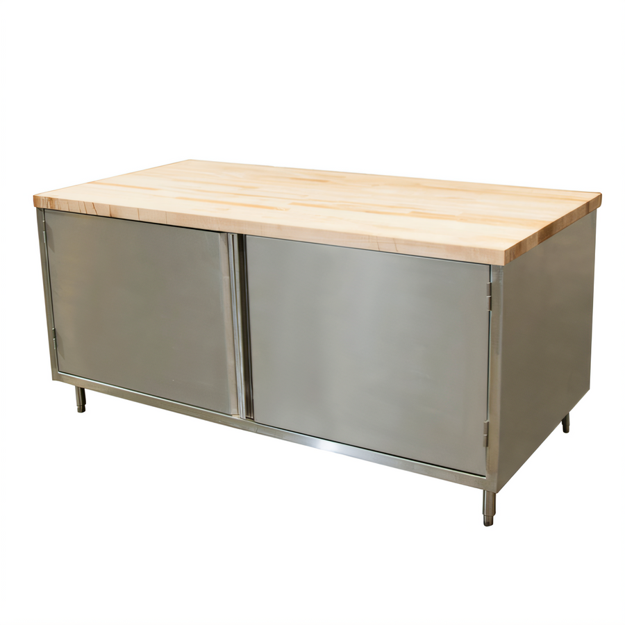 Product image #1 for BK Resources Hard Maple Top Chef Table with Stainless Steel Cabinet Base and Hinged Doors, 72 x 36 x 34-3/4 Inches