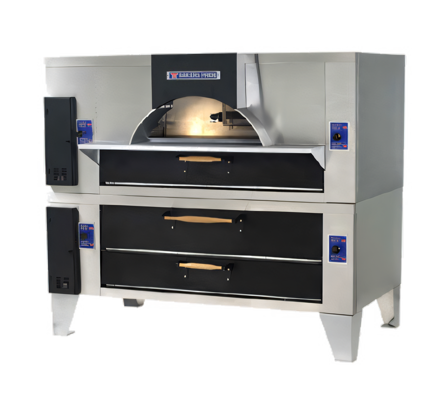 Product image #1 for Bakers Pride IL Forno Classico FC-816/Y-800BL Double-Stack Gas Pizza Deck Oven with Brick-Lined Upper Oven and Ceramic Decks