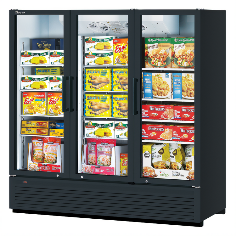 Product image #1 for Turbo Air Super Deluxe Three-Section Glass Door Freezer Merchandiser, 62.2 Cu. Ft., Bottom-Mounted Refrigeration, Hinged Triple-Pane Doors