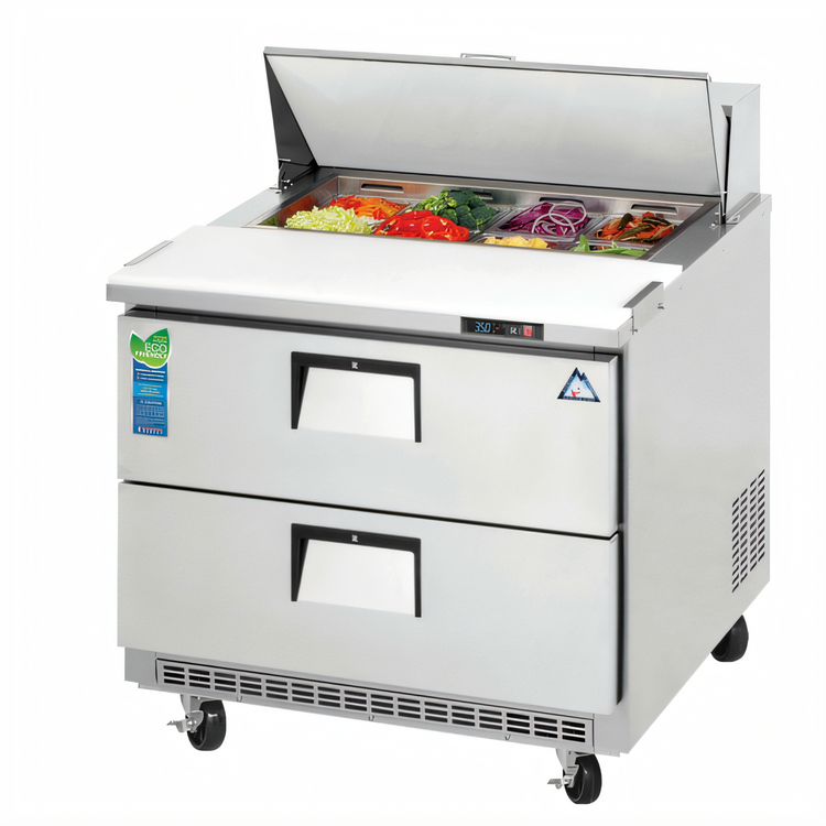 Product image #1 for Everest Refrigeration 1 Section Drawered Sandwich Prep Table with 2 Drawers, 35-5/8 Inch Wide, 10 Cu. Ft., Rear-Mounted Self-Contained R290 Refrigeration