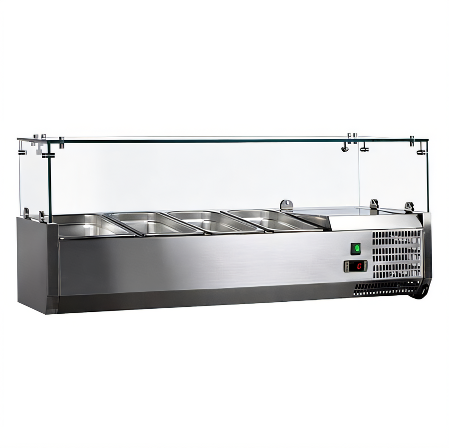 Product image #1 for Omcan 47-Inch Countertop Refrigerated Topping Rail with Glass Sneeze Guard, 4 x 1/3 GN Pan Capacity