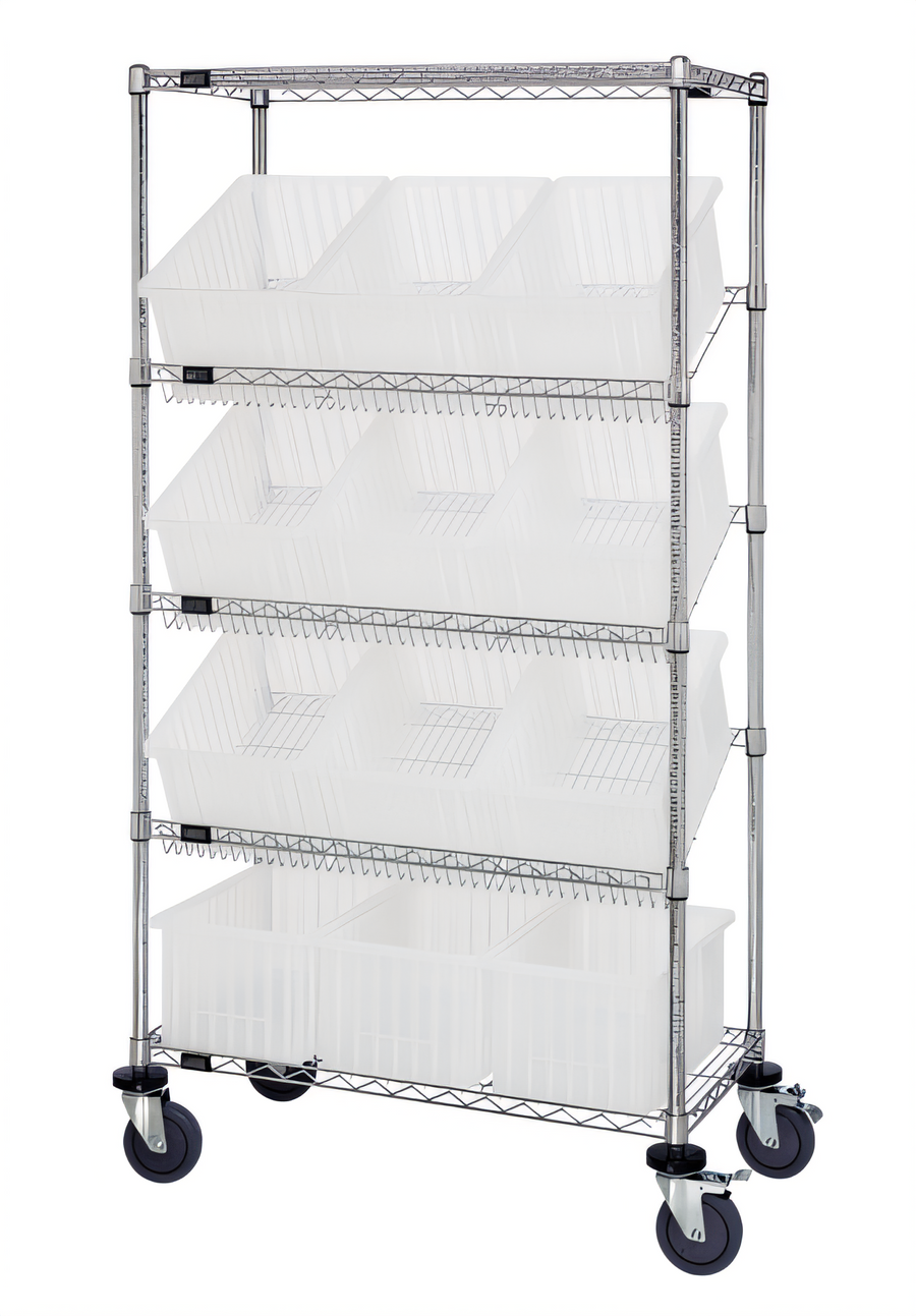 Product image #1 for Quantum Mobile Wire Shelving Bin System with 12 Clear Bins, 36 x 18 x 63 Inches, Chrome Finish