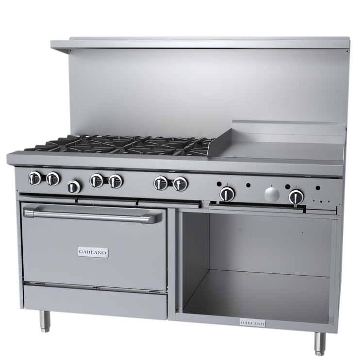 Product image #1 for Garland G Starfire Pro 60-Inch Commercial Gas Restaurant Range with 6 Open Burners, 24-Inch Griddle, Standard Oven, and Storage Base