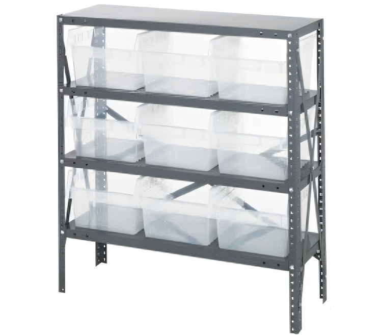 Product image #1 for Quantum Heavy-Duty Stationary Wire Shelving Unit with 4 Shelves and 9 Clear Bins, 36 x 12 x 39 Inches