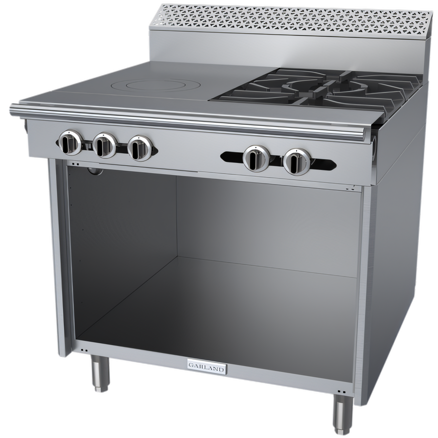 Product image #1 for Garland Cuisine Series 36-Inch Heavy Duty Natural Gas Combination Top Range with 2 Open Burners, 18-Inch Front-Fired Hot Top, and Open Cabinet Base