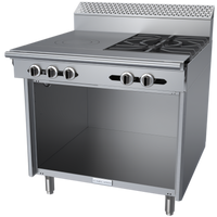 Garland Cuisine Series 36-Inch Heavy Duty Natural Gas Combination Top Range with 2 Open Burners, 18-Inch Front-Fired Hot Top, and Open Cabinet Base