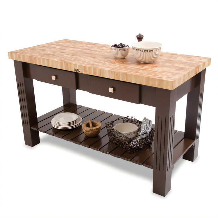 Product image #1 for John Boos Grazzi End Grain Butcher Block Work Table with Slatted Shelf and Drawers, 60 x 28 x 35 Inches