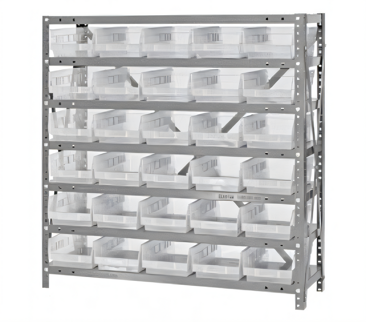 Product image #1 for Quantum Heavy-Duty Stationary Wire Shelving Unit with 7 Shelves and 30 Clear Bins, 36 x 12 x 39 Inches