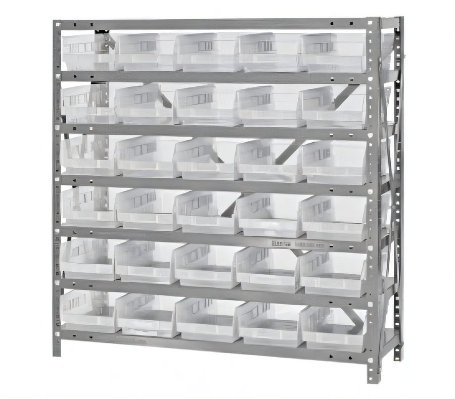 Product image #1 for Quantum Heavy-Duty Stationary Wire Shelving Unit with 7 Shelves and 30 Clear Bins, 36 x 12 x 39 Inches