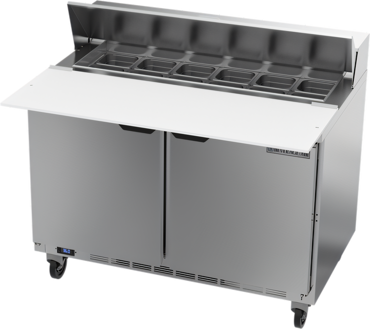 Product image #1 for Beverage Air SPE48HC-12C 48-Inch Two-Section Sandwich Top Refrigerated Prep Table with 12 1/6-Pan Top and 17-Inch Cutting Board