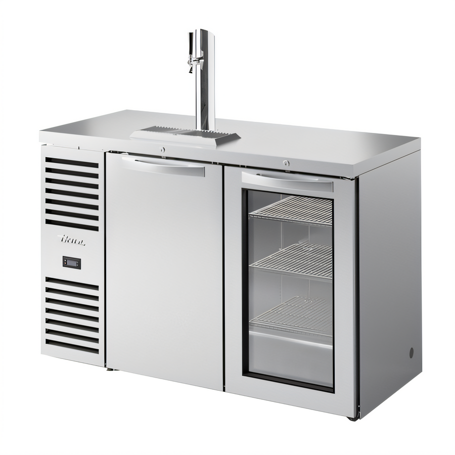Product image #1 for True 52-Inch Two-Section Refrigerated Draft Bar Cooler with Stainless Steel Top, One Solid Door, One Glass Door, and Beer Tower