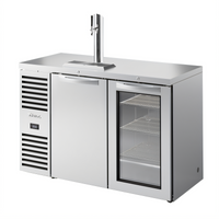True 52-Inch Two-Section Refrigerated Draft Bar Cooler with Stainless Steel Top, One Solid Door, One Glass Door, and Beer Tower